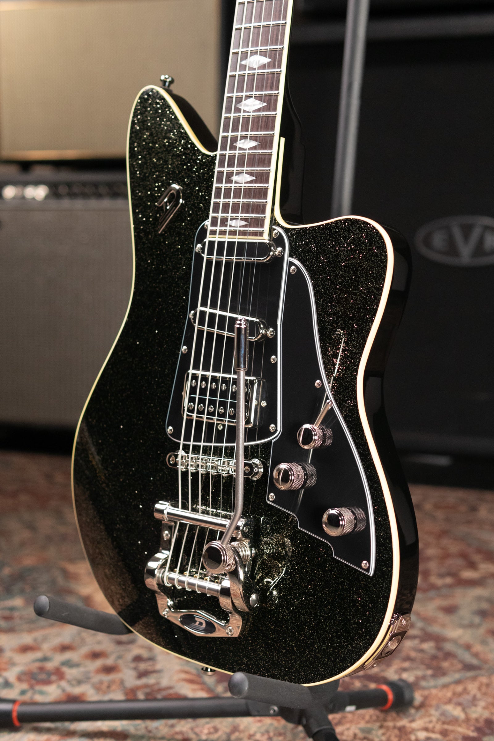 Duesenberg Paloma Baritone Electric Guitar - Black Sparkle with Gig Bag