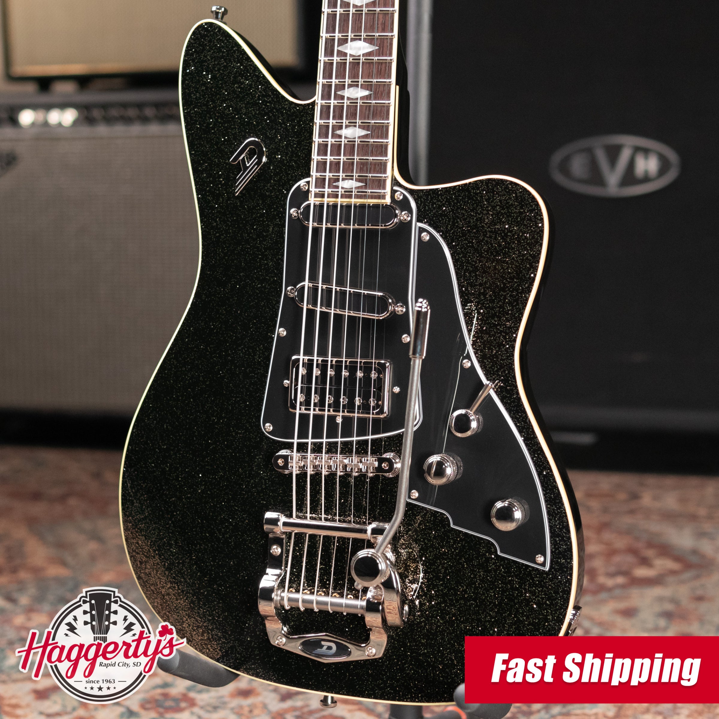 Duesenberg Paloma Baritone Electric Guitar - Black Sparkle with Gig Bag