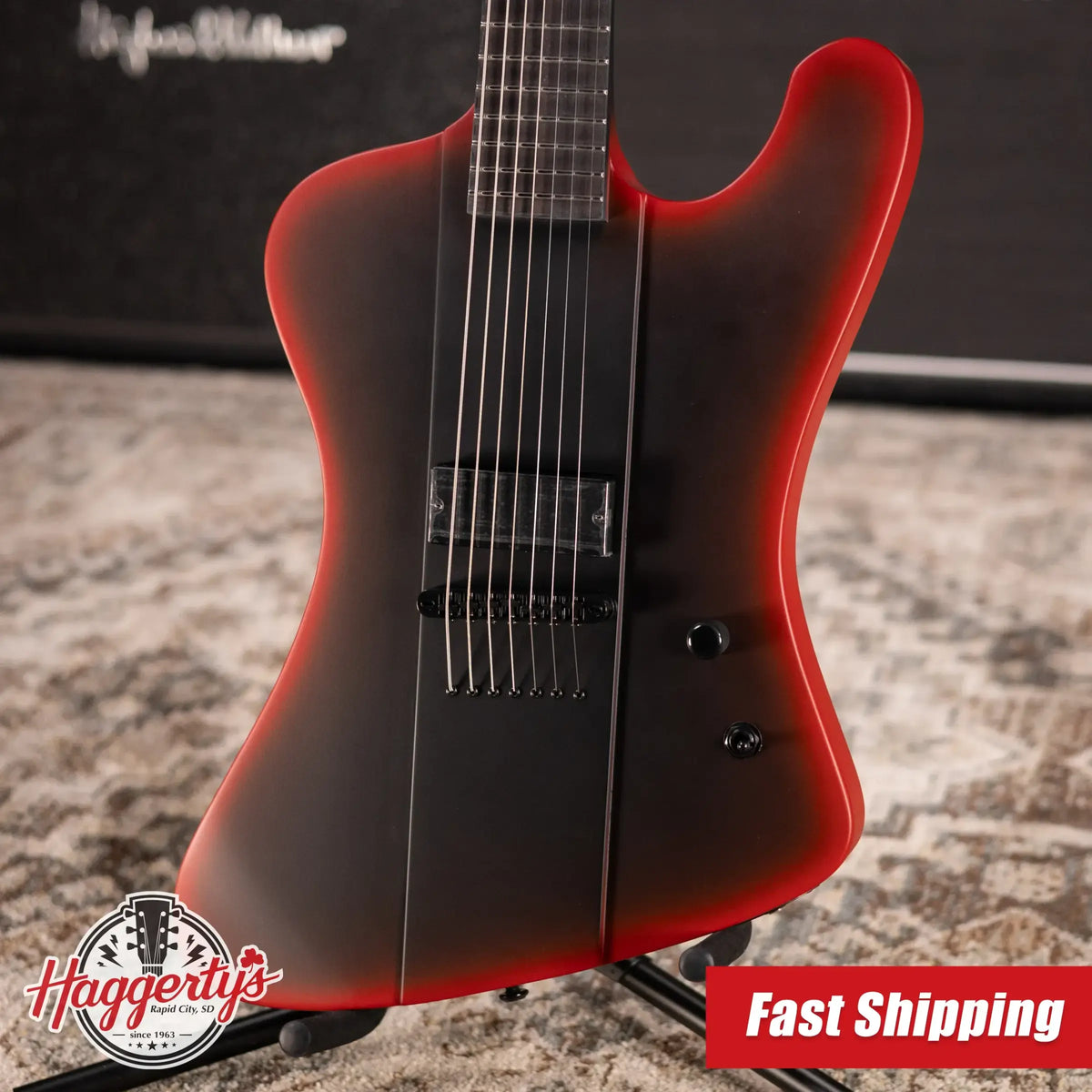 ESP LTD Phoenix-7 Baritone 7-String Black Metal Electric Guitar - Black Red Burst Satin