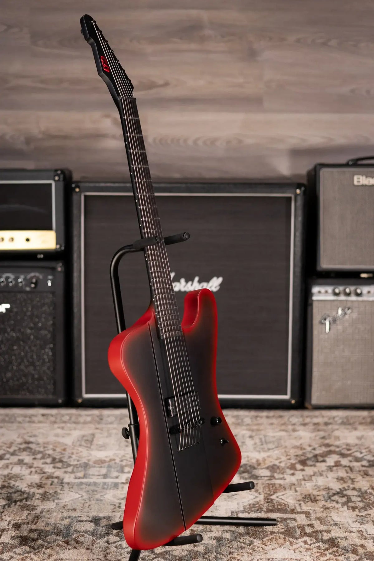 ESP LTD Phoenix-7 Baritone 7-String Black Metal Electric Guitar - Black Red Burst Satin