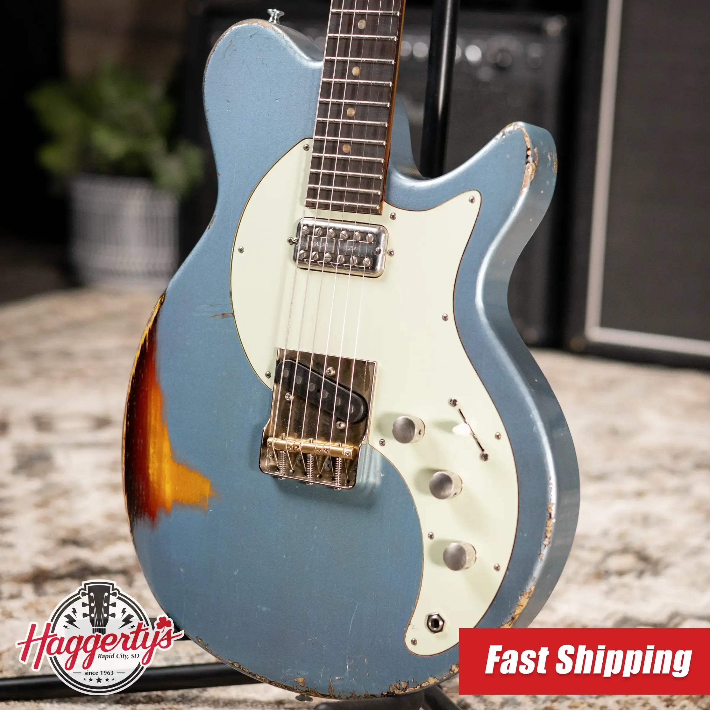 Eastman Kauffmann Series SC Deluxe - Made in Holland - Heavy Relic Electric Guitar - Ice Blue Metallic over Target Sunburst with Padded Gig Bag