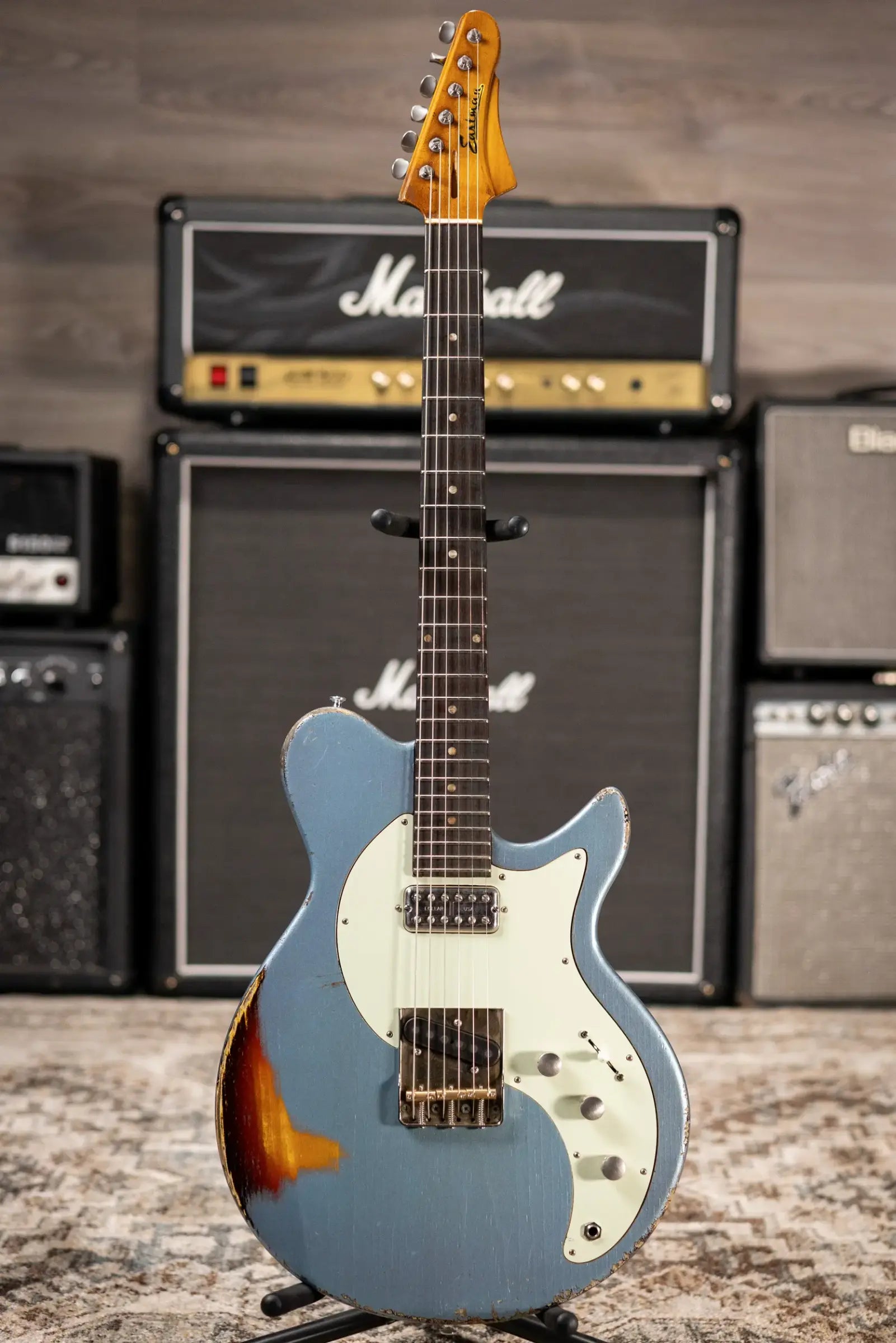 Eastman Kauffmann Series SC Deluxe - Made in Holland - Heavy Relic Electric Guitar - Ice Blue Metallic over Target Sunburst with Padded Gig Bag