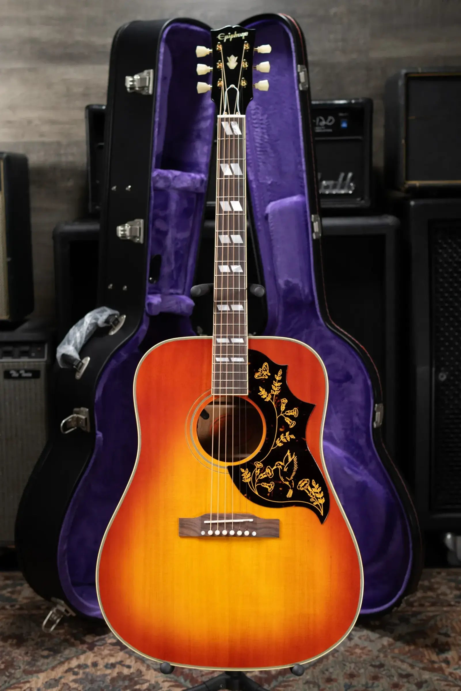 Epiphone 1960 Hummingbird Reissue Acoustic/Electric Guitar - Heritage Cherry Sunburst with Hardshell Case