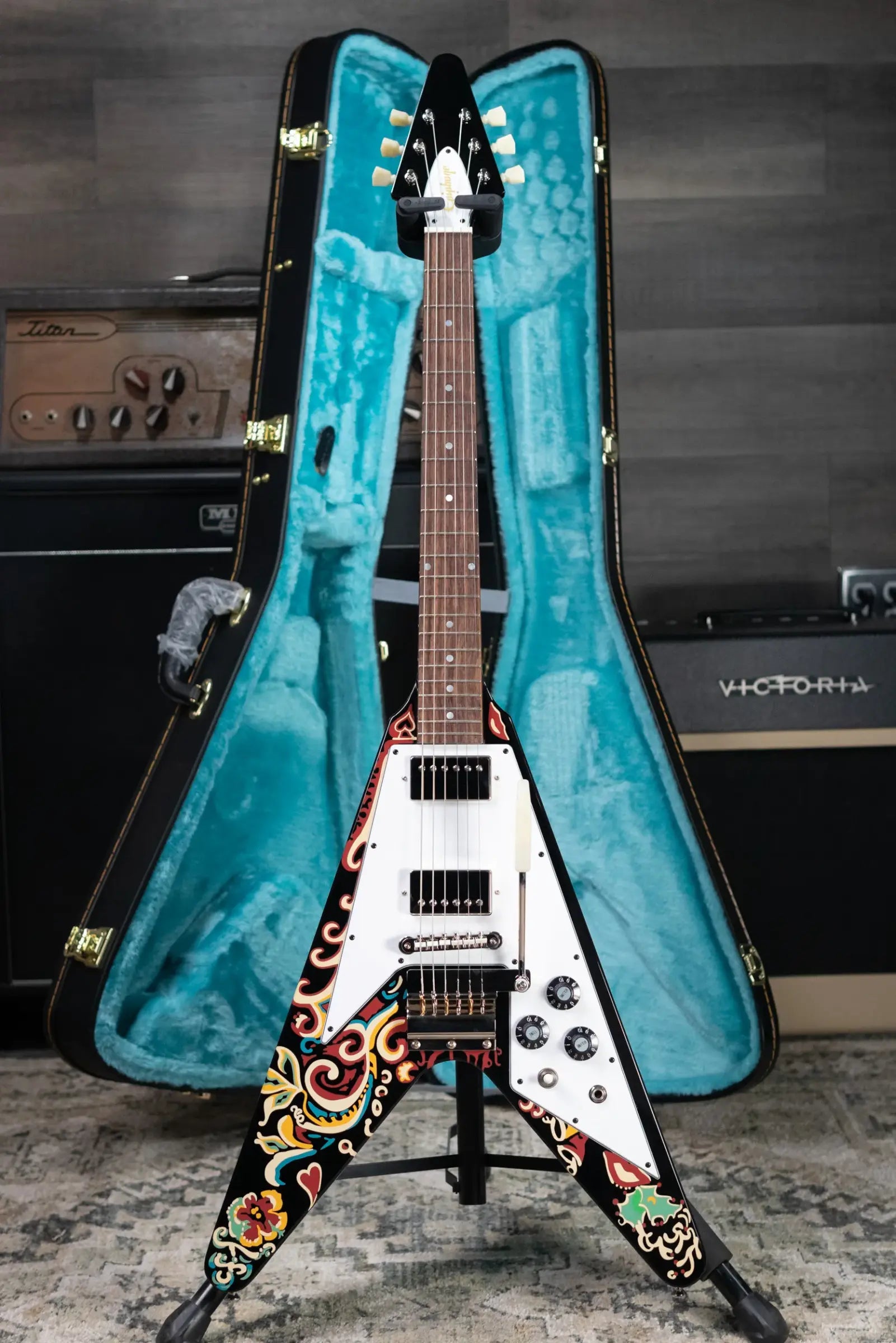 Epiphone Jimi Hendrix "Love Drops" Flying V Electric Guitar - Ebony with Hardshell Case - Floor Model
