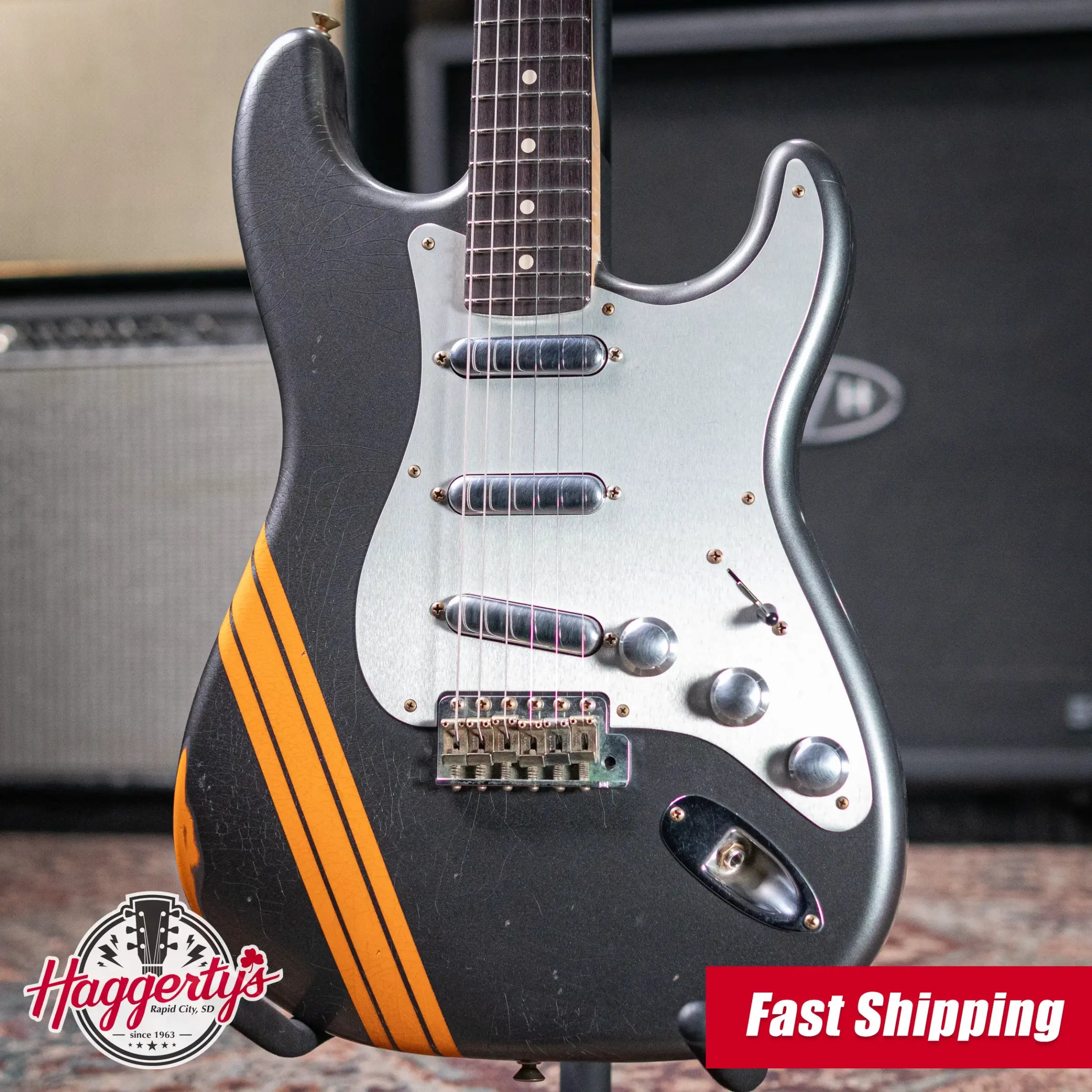 Fender Custom Shop 2026 NAMM #419 Master Built by Austin Macnutt Journeyman Relic 1966 5A Birdseye Maple Neck Stratocaster Electric Guitar - Pewter with Orange Competition Stripes with Hardshell Case