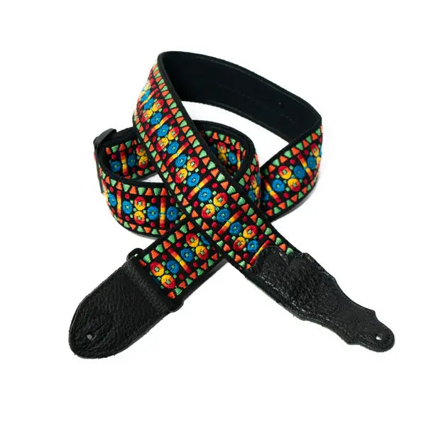 Franklin Straps 2" Orange Blue Retro Folk Weave Guitar Strap - Black Leather End Tab