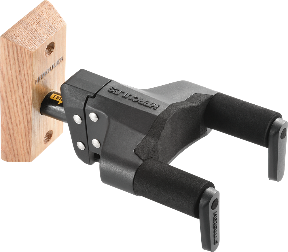 Hercules GSP38WBR PLUS Auto Grip System Guitar Hanger, Wood Base, Short Arm