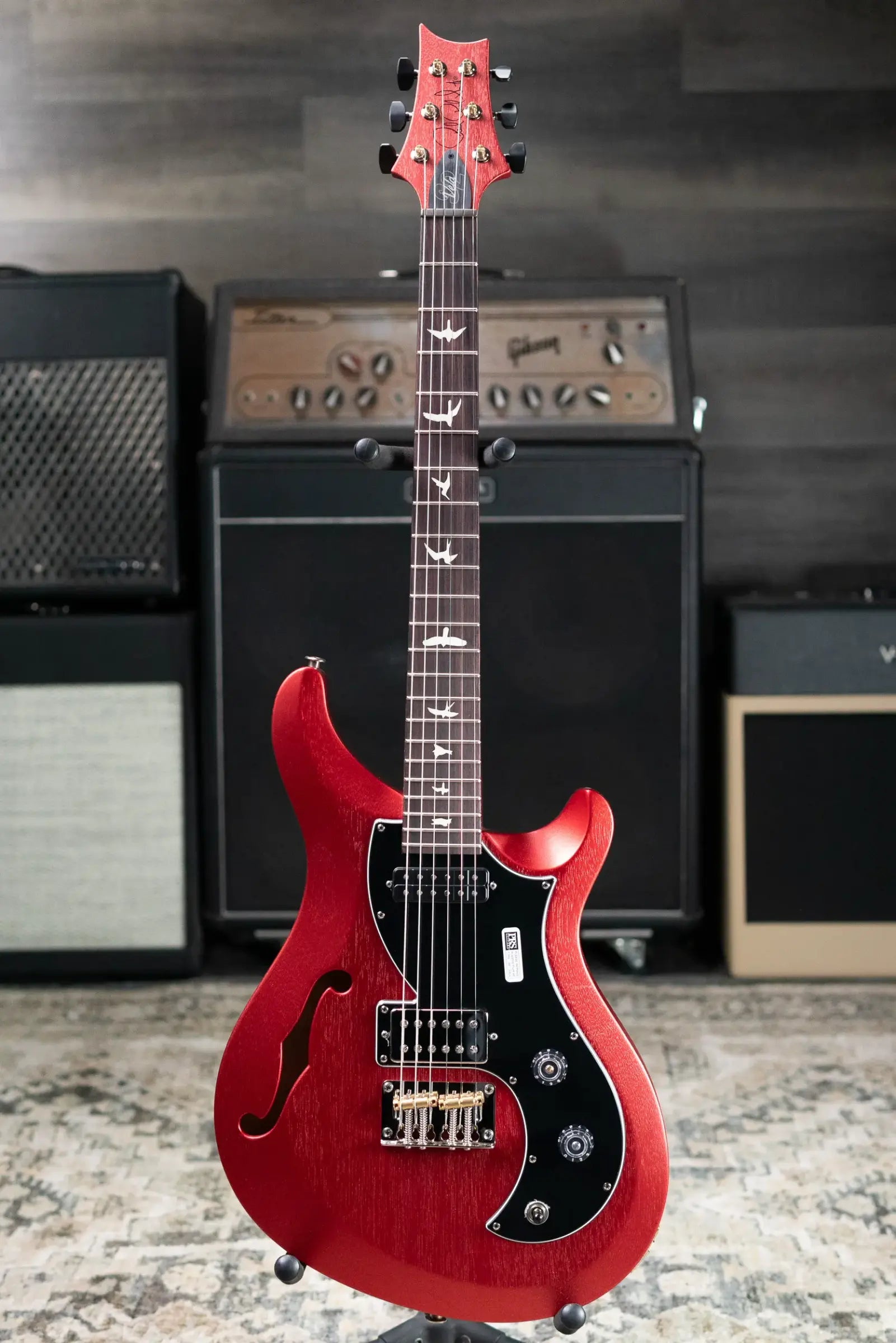 PRS S2 Vela Semi-Hollow Satin Electric Guitar - Red Apple Metallic with Gig Bag