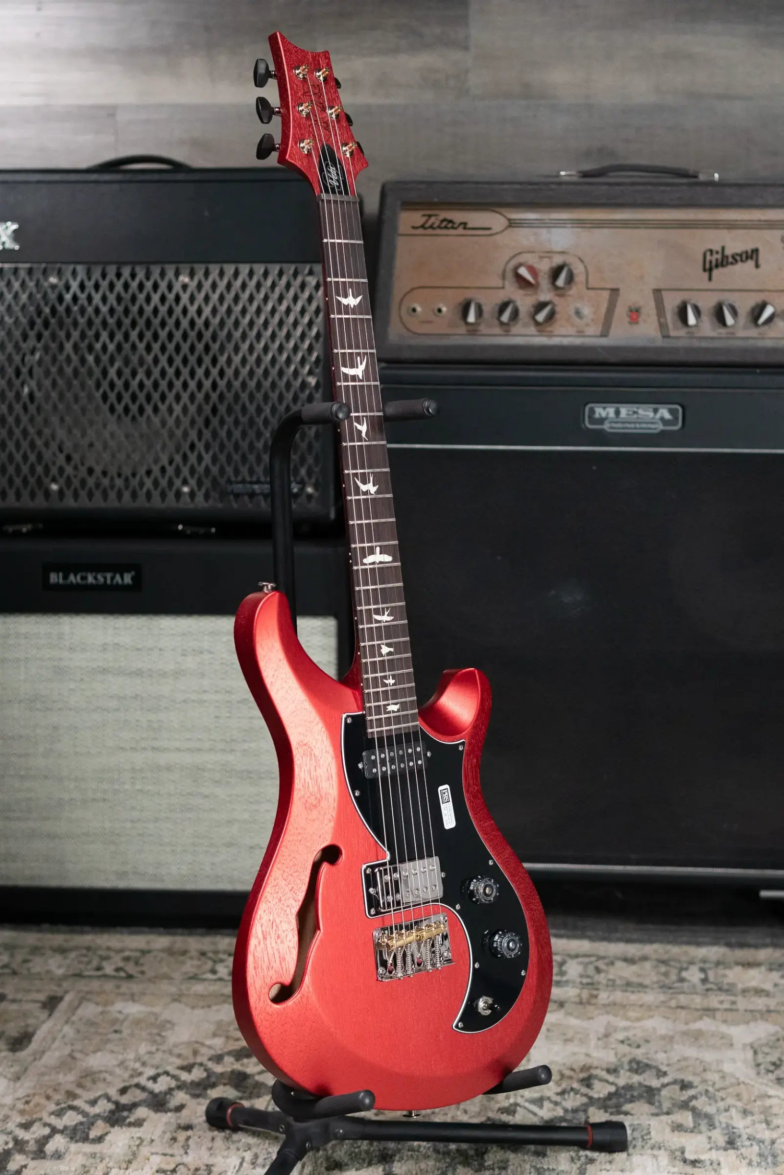 PRS S2 Vela Semi-Hollow Satin Electric Guitar - Red Apple Metallic with Gig Bag