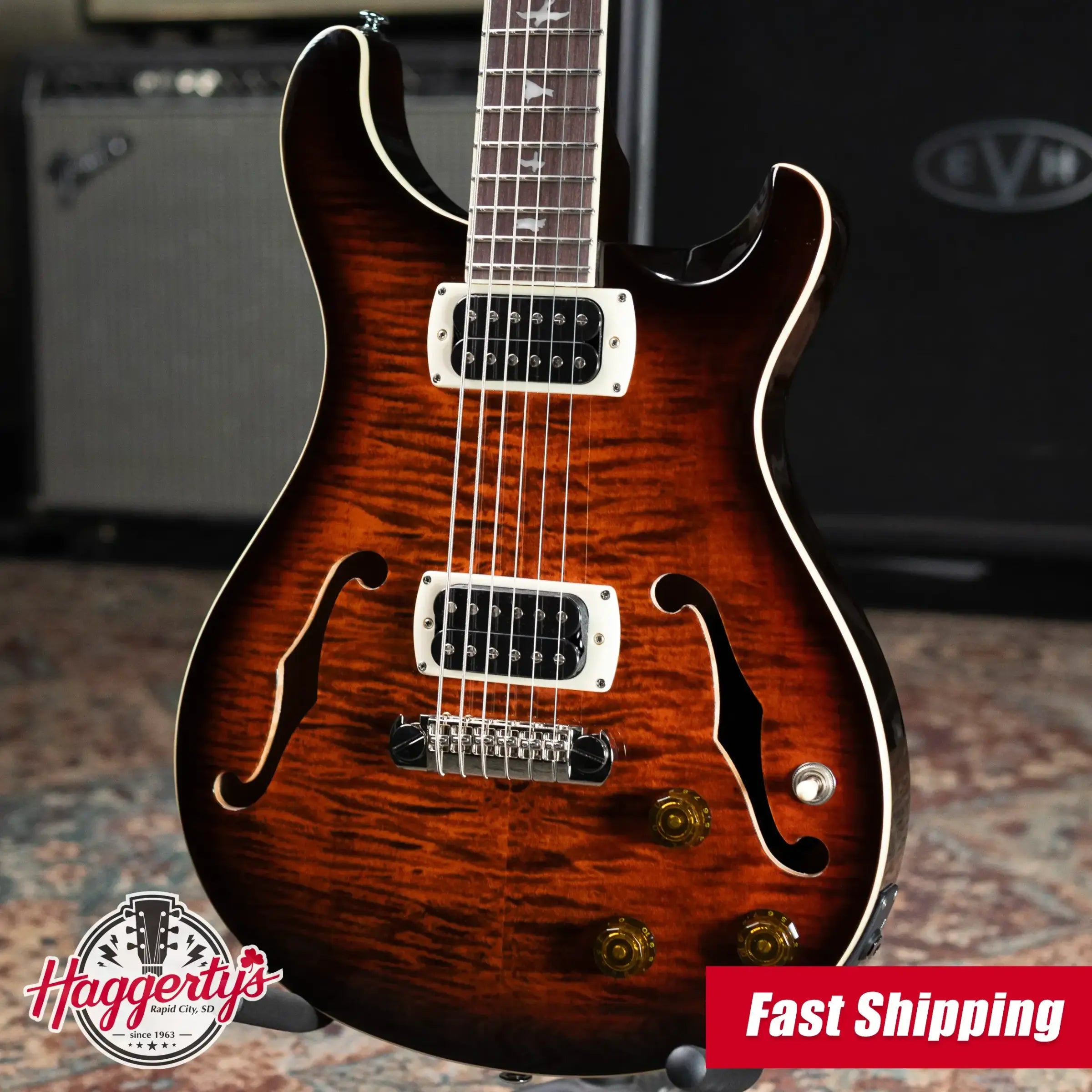 PRS SE Ed Sheeran Hollowbody I Baritone Piezo Electric Guitar - Orange Tiger Smokeburst with Gig Bag