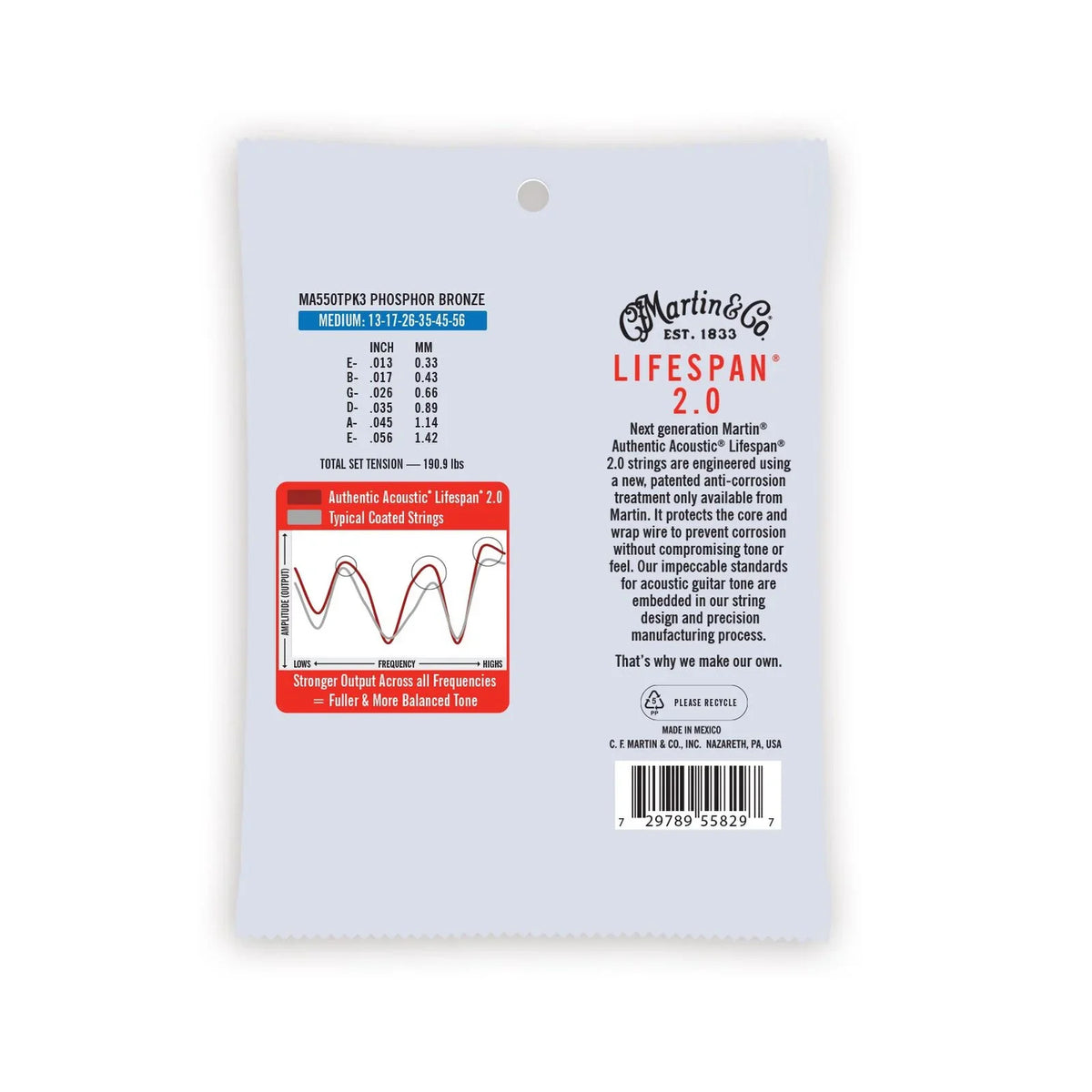 Martin MA550TPK3 Authentic Acoustic Lifespan 2.0 Guitar Strings Phosphor Bronze 13-56 - 3 Pack