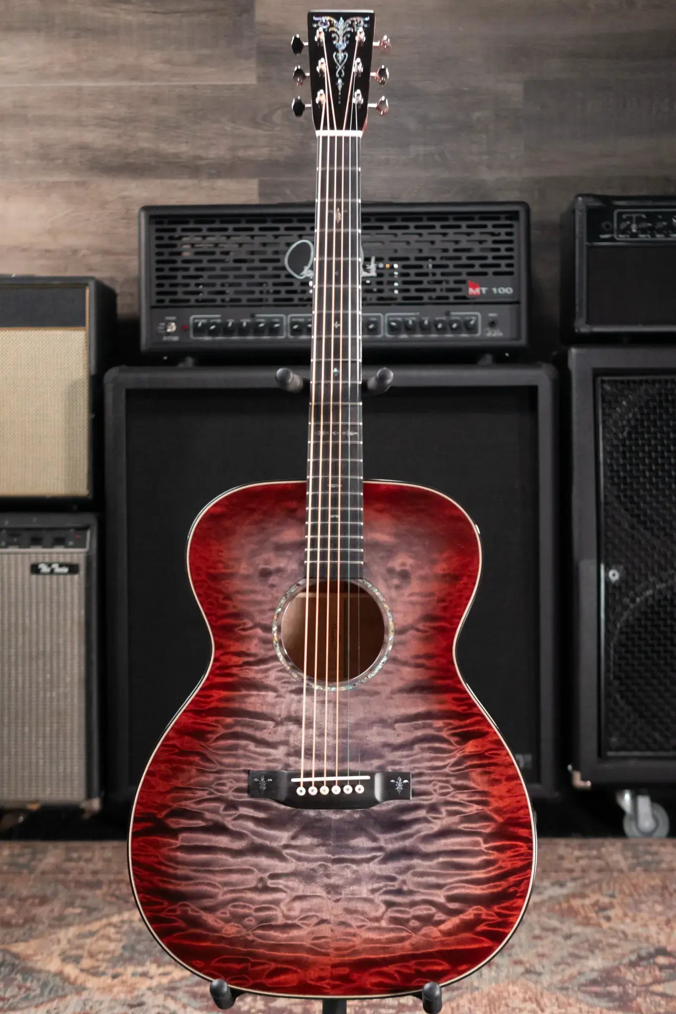 Martin Custom Shop Style 45 000-14F Acoustic Guitar - Quilted Maple, Charcoal Cherry Burst with Hardshell Case