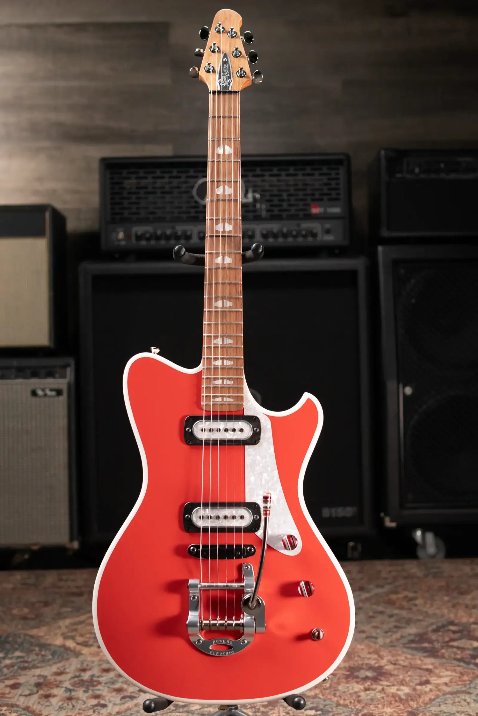 Powers Electric A-Type PF42 Hollow Body Electric Guitar - Geranium Red/Pearl White with Gig Bag