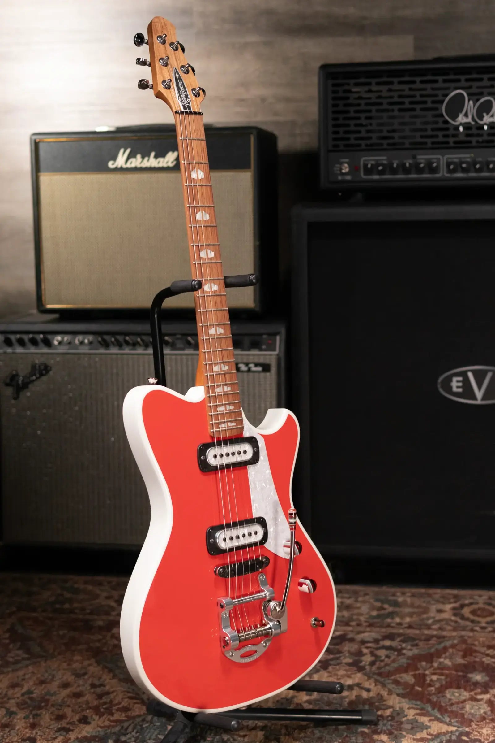 Powers Electric A-Type PF42 Hollow Body Electric Guitar - Geranium Red/Pearl White with Gig Bag