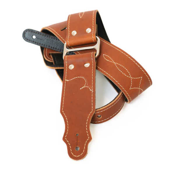 Franklin Straps 2" Leather and Chrome Series Guitar Strap - Caramel Ball Glove Leather with Natural Booth Stitch / Chrome Sidebar