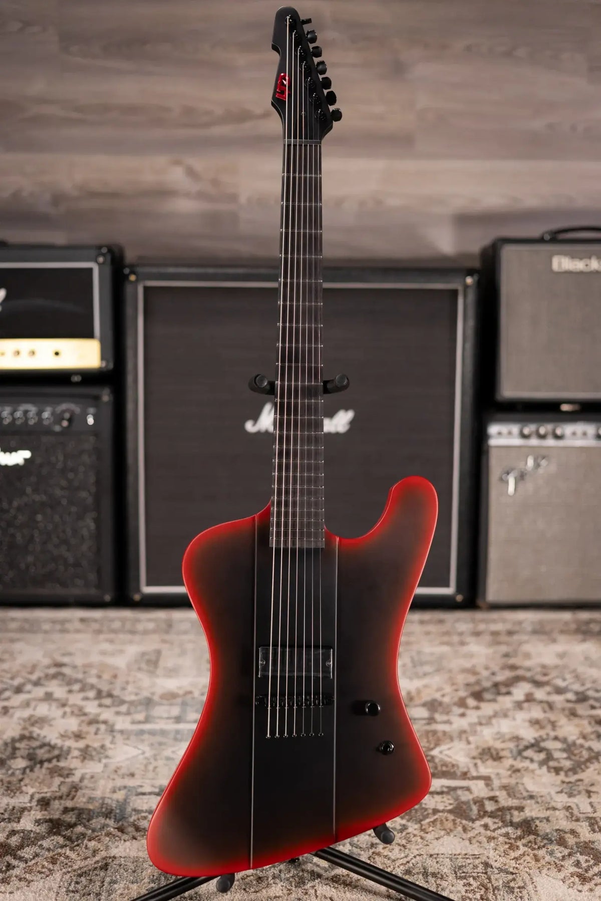 ESP LTD Phoenix-7 Baritone 7-String Black Metal Electric Guitar - Black Red Burst Satin