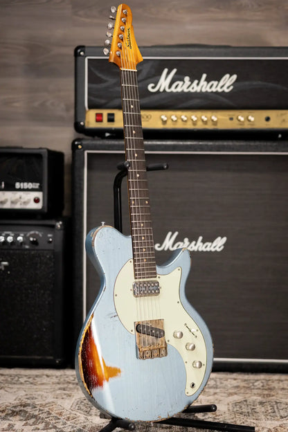 Eastman Kauffmann Series SC Deluxe - Made in Holland - Heavy Relic Electric Guitar - Ice Blue Metallic over Target Sunburst with Padded Gig Bag