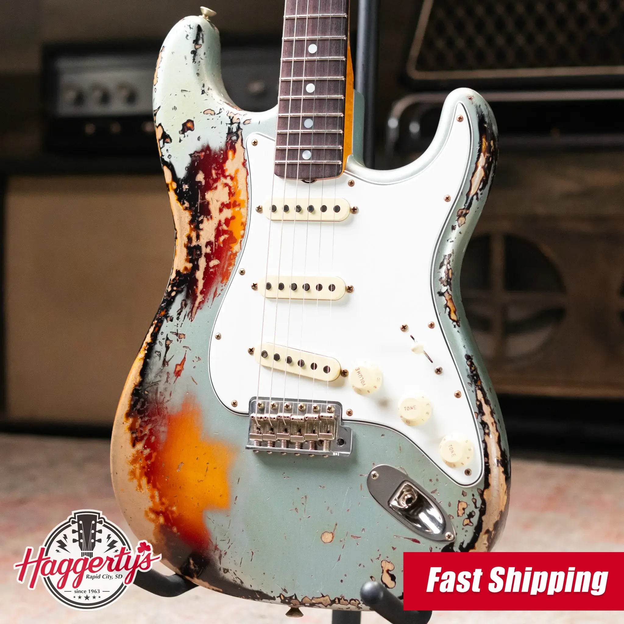 Fender Custom Shop 1965 Stratocaster Super Heavy Relic Electric Guitar - Super Faded Aged Firemist Silver over 3-Color Sunburst with Hardshell Case