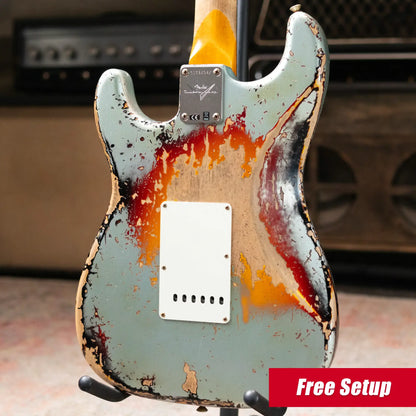 Fender Custom Shop 1965 Stratocaster Super Heavy Relic Electric Guitar - Super Faded Aged Firemist Silver over 3-Color Sunburst with Hardshell Case