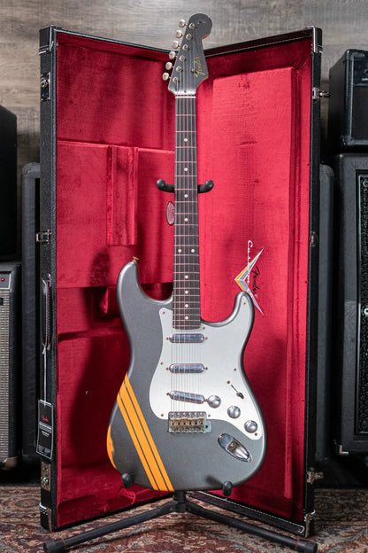 Fender Custom Shop 2026 NAMM #419 Master Built by Austin Macnutt Journeyman Relic 1966 5A Birdseye Maple Neck Stratocaster Electric Guitar - Pewter with Orange Competition Stripes with Hardshell Case