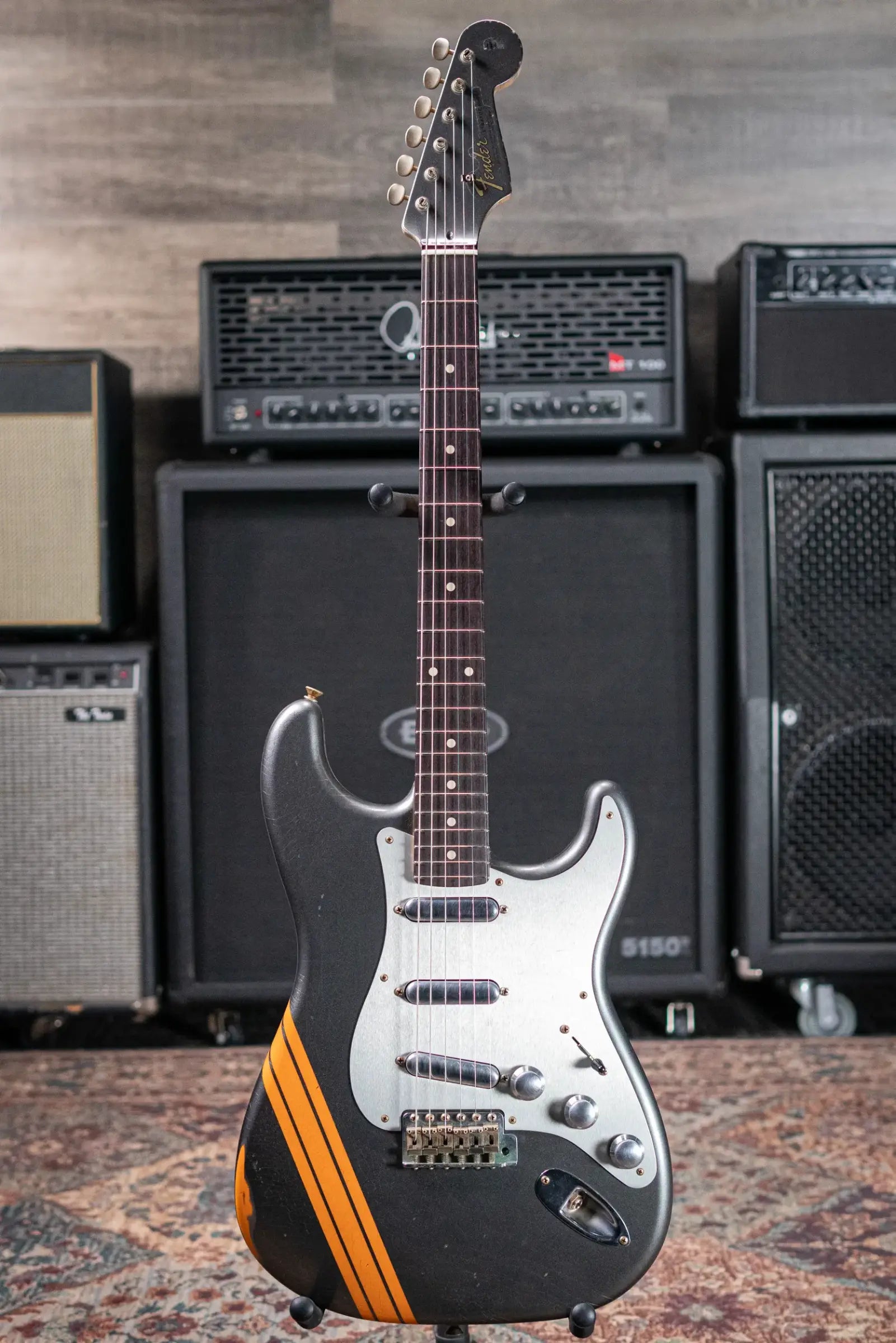 Fender Custom Shop 2026 NAMM #419 Master Built by Austin Macnutt Journeyman Relic 1966 5A Birdseye Maple Neck Stratocaster Electric Guitar - Pewter with Orange Competition Stripes with Hardshell Case