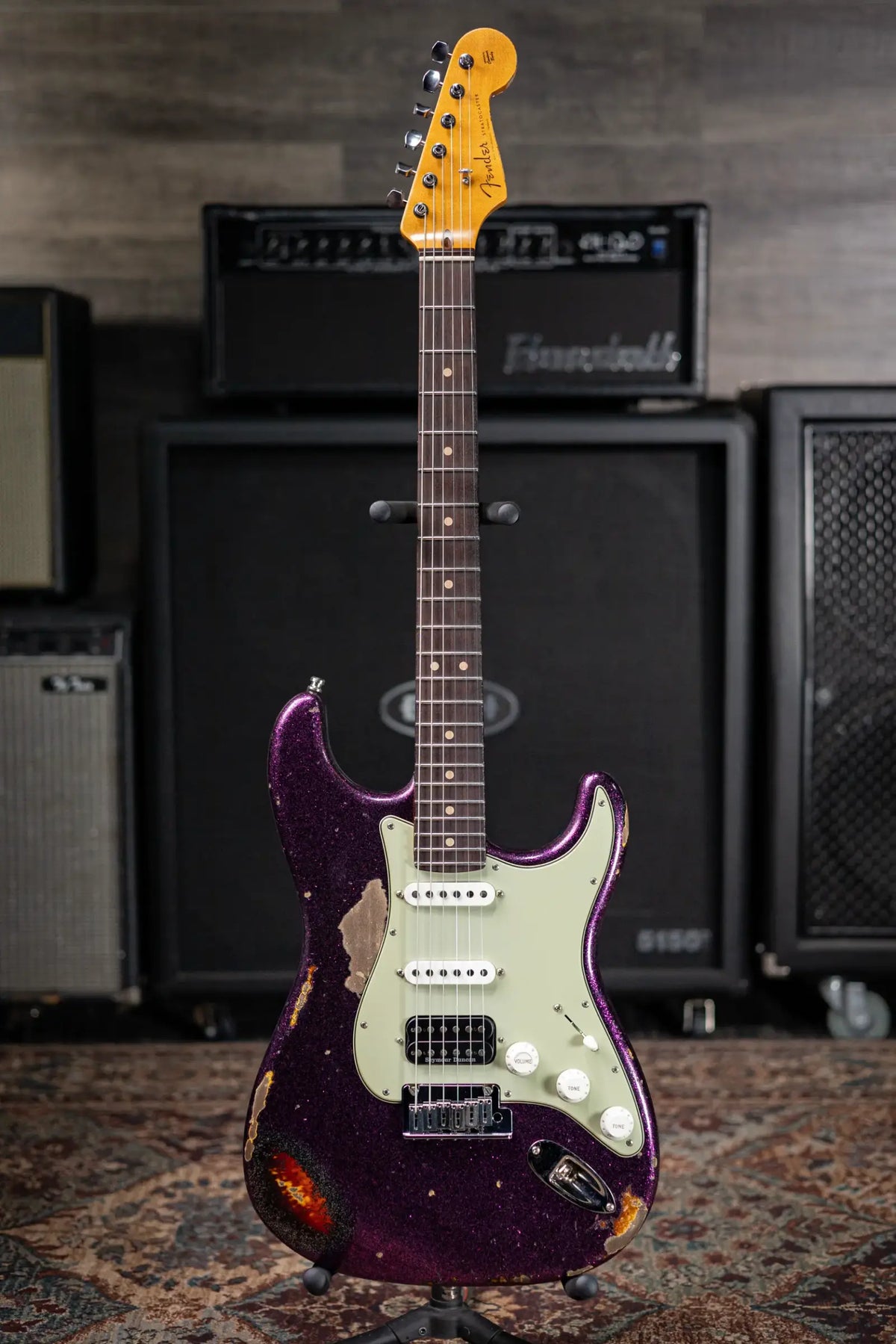 Fender Custom Shop LR25-CUST DLX HBS-1 Heavy Relic Stratocaster Electric Guitar - Magenta Sparkle over 3-Tone Sunburst with Hardshell Case