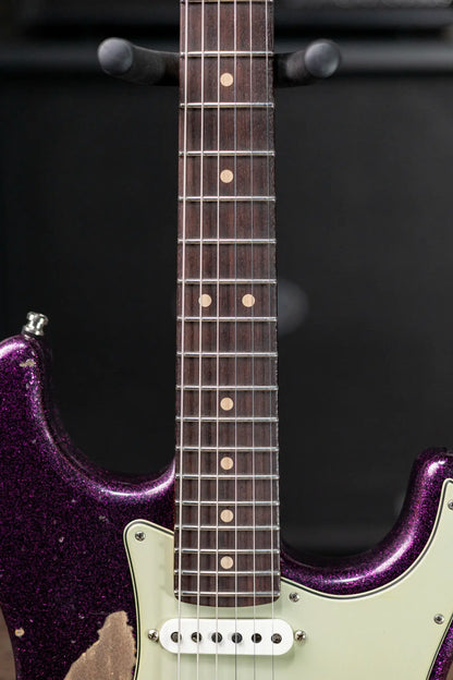 Fender Custom Shop LR25-CUST DLX HBS-1 Heavy Relic Stratocaster Electric Guitar - Magenta Sparkle over 3-Tone Sunburst with Hardshell Case