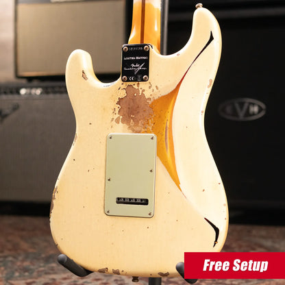 Fender Custom Shop NAMM 2026 Custom Deluxe Heavy Relic HBS-1 Stratocaster Electric Guitar - Aged Vintage White over 3-Tone Sunburst with Hardshell Case