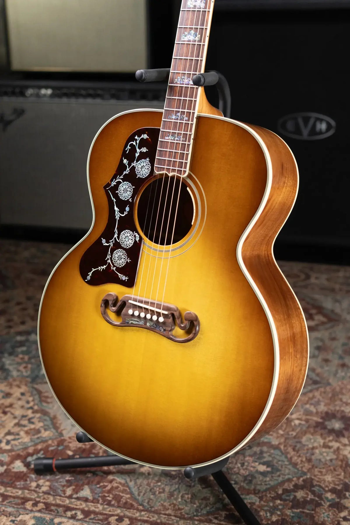Gibson SJ-200 Elegant Koa Left-Handed Jumbo Acoustic/Electric Guitar - Honey Burst with Hardshell Case