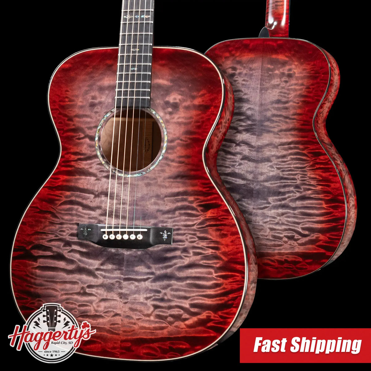 Martin Custom Shop Style 45 OM-14F Acoustic Guitar - Quilted Maple Charcoal Cherry Burst with Hardshell Case