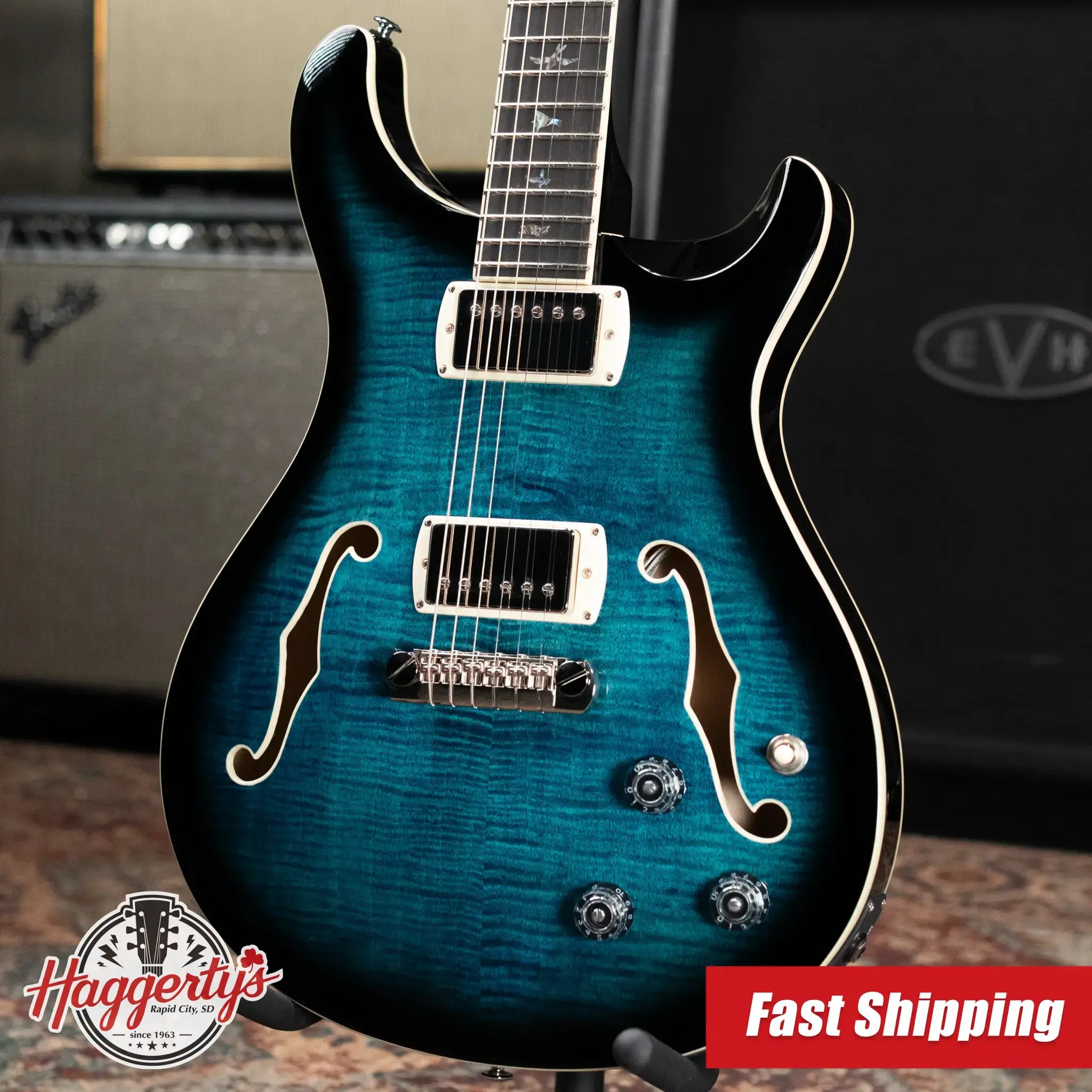 PRS SE Hollowbody II Piezo Electric Guitar - Peacock Blue Smokeburst with Gig Bag