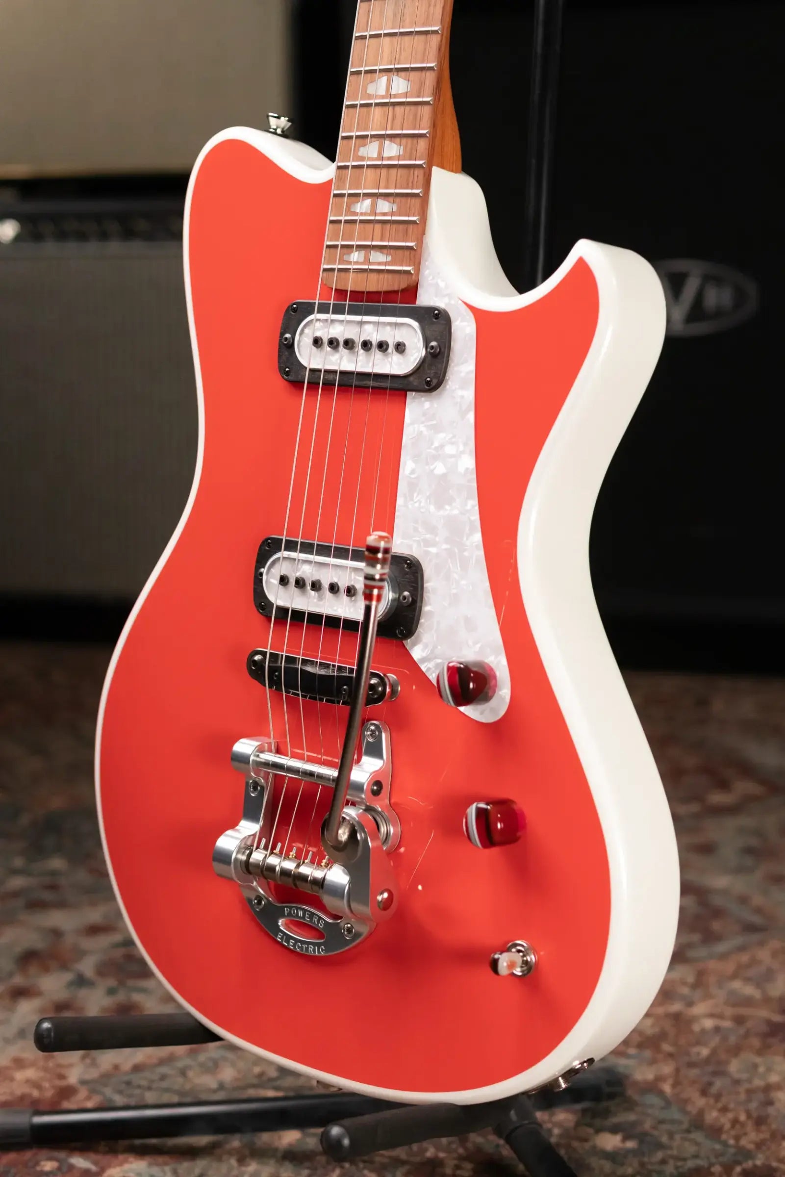 Powers Electric A-Type PF42 Hollow Body Electric Guitar - Geranium Red/Pearl White with Gig Bag