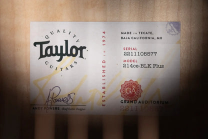 Taylor 214ce-BLK Plus Left-Handed Grand Auditorium Acoustic/Electric Guitar - Black with Aerocase