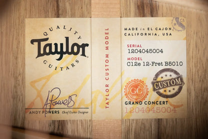 Taylor Custom "The Monument" 1 of 20 C12e 12-Fret 2025 Catch Event #10 Grand Concert Acoustic/Electric Guitar - Black Limba/Sinker Cypress with Hardshell Case