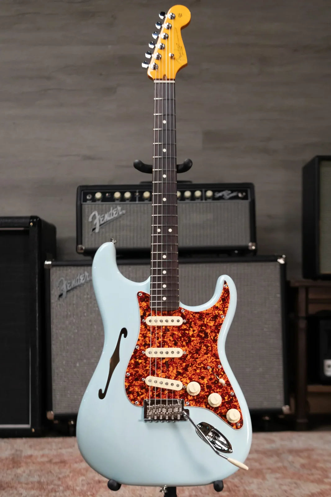 new 7.6 lb Fender American Professional II Stratocaster Thinline Transparent Daphne Blue with Hardshell Case haggertys 02
