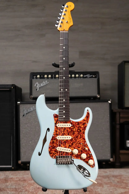 new 7.6 lb Fender American Professional II Stratocaster Thinline Transparent Daphne Blue with Hardshell Case haggertys 02