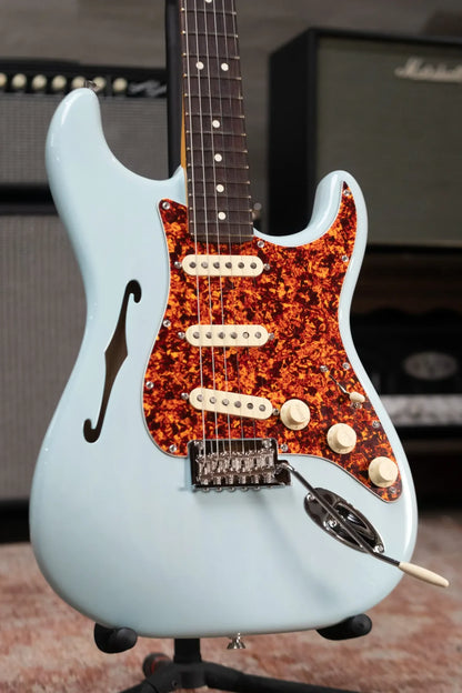 new 7.6 lb Fender American Professional II Stratocaster Thinline Transparent Daphne Blue with Hardshell Case haggertys 03