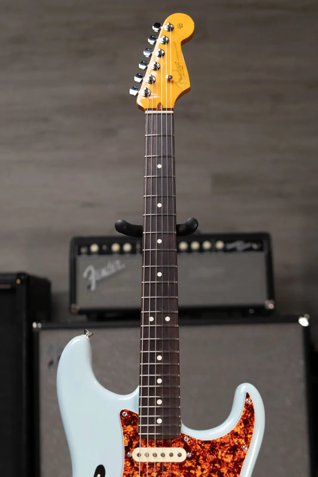 new 7.6 lb Fender American Professional II Stratocaster Thinline Transparent Daphne Blue with Hardshell Case haggertys 04