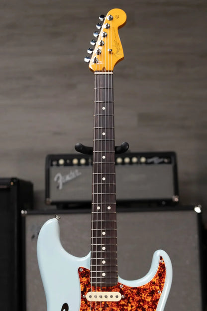new 7.6 lb Fender American Professional II Stratocaster Thinline Transparent Daphne Blue with Hardshell Case haggertys 04