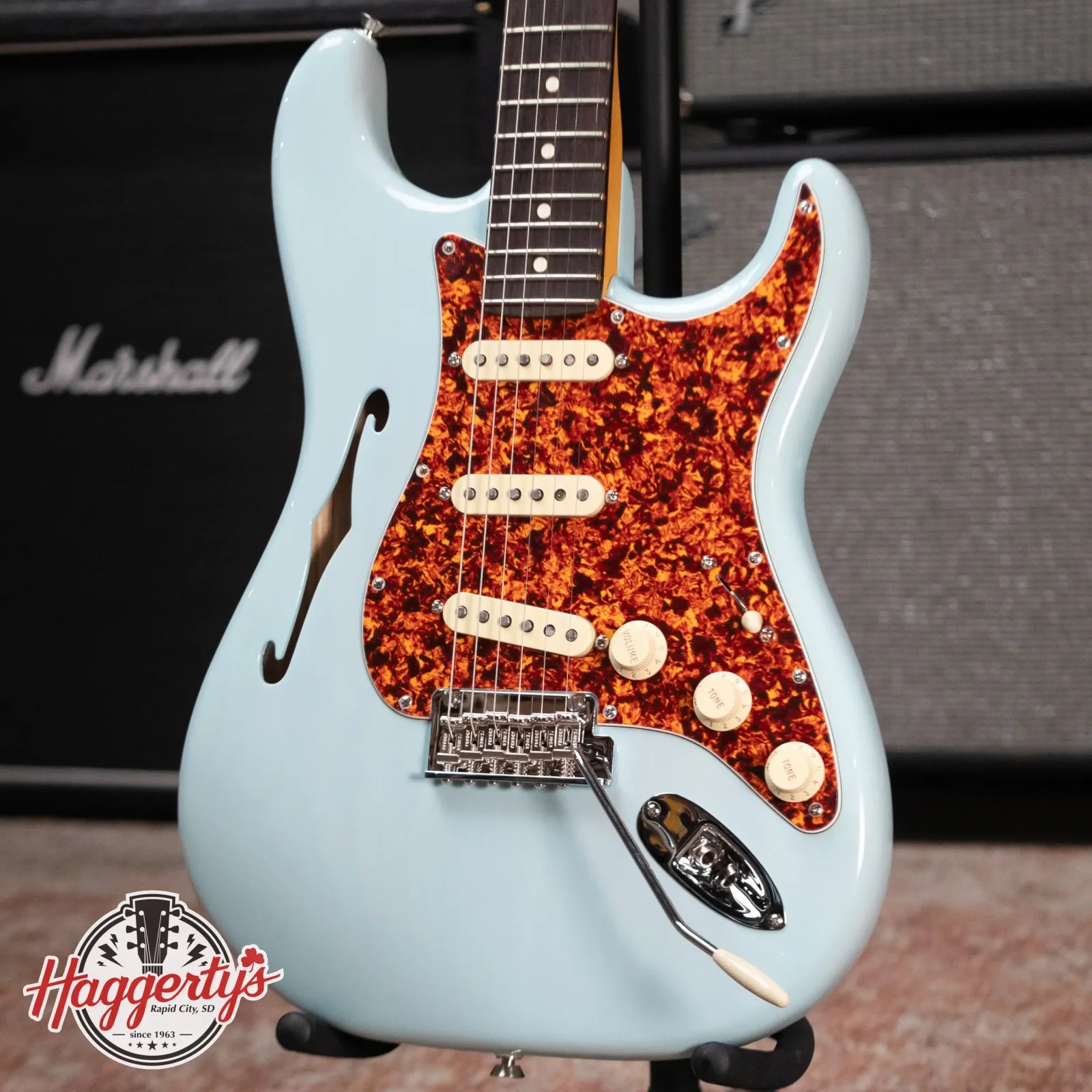 new 7.6 lb Fender American Professional II Stratocaster Thinline Transparent Daphne Blue with Hardshell Case haggertys 1