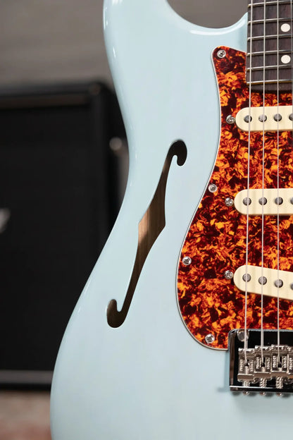 new 7.6 lb Fender American Professional II Stratocaster Thinline Transparent Daphne Blue with Hardshell Case haggertys 12